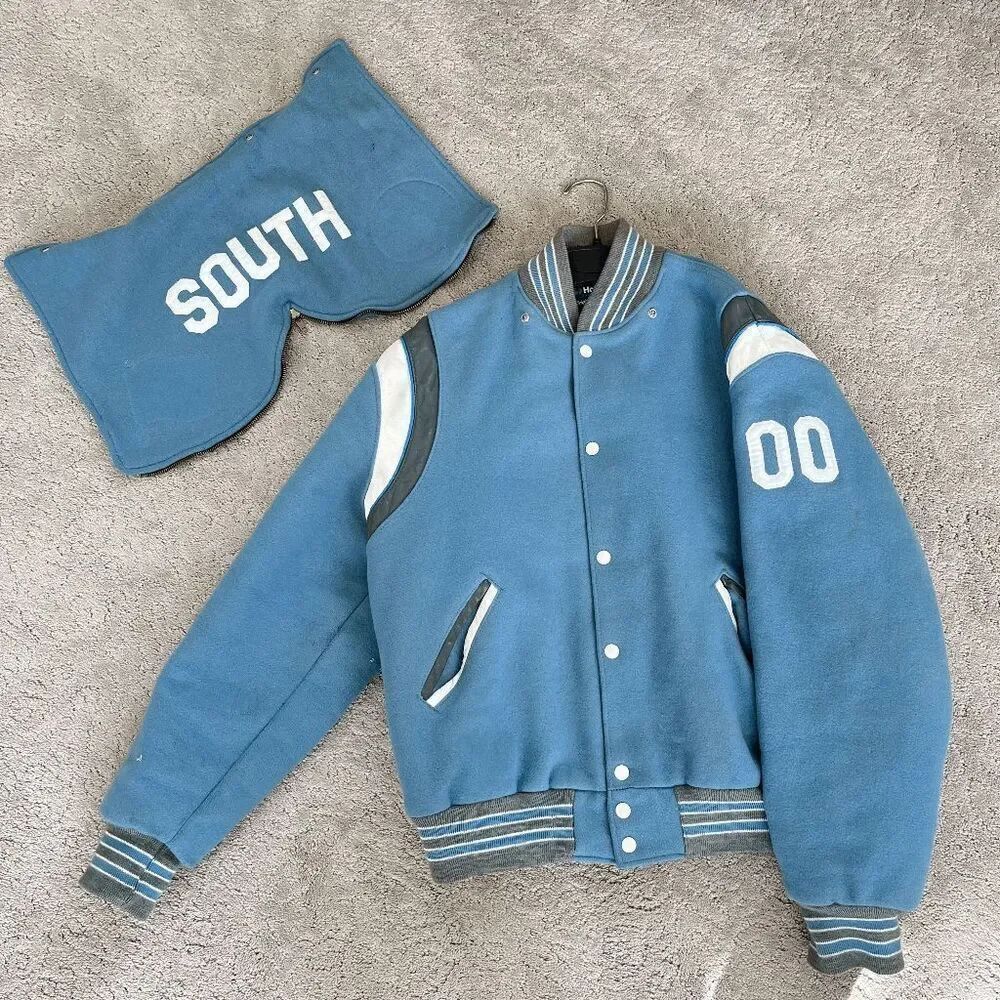 Unisex Holloway Varsity Jacket Heavy Wool Leather Accents Hood L/XL, 90s Vintage